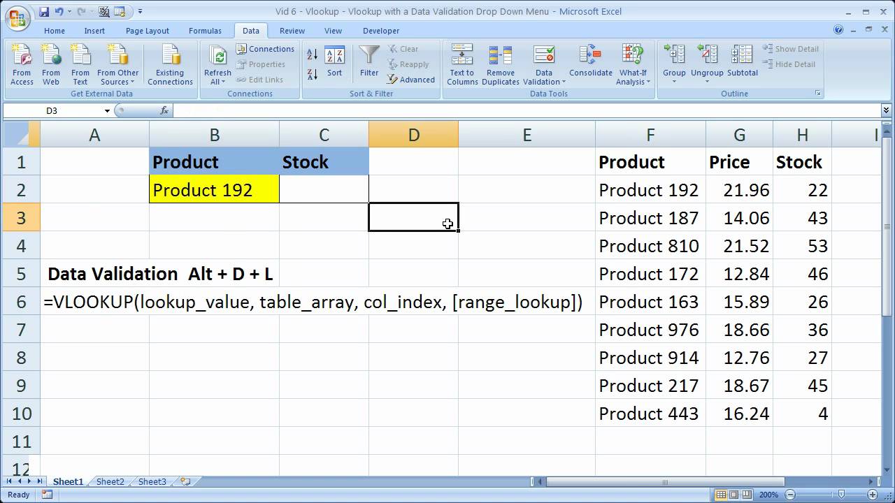 Excel Lookup/Search Tip 6 – Vlookup with a Drop Down Menu and Data Validation