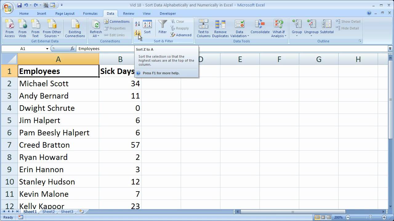Excel Tips 18 – Quickly Sort Data Alphabetically and Numerically in Excel 2007