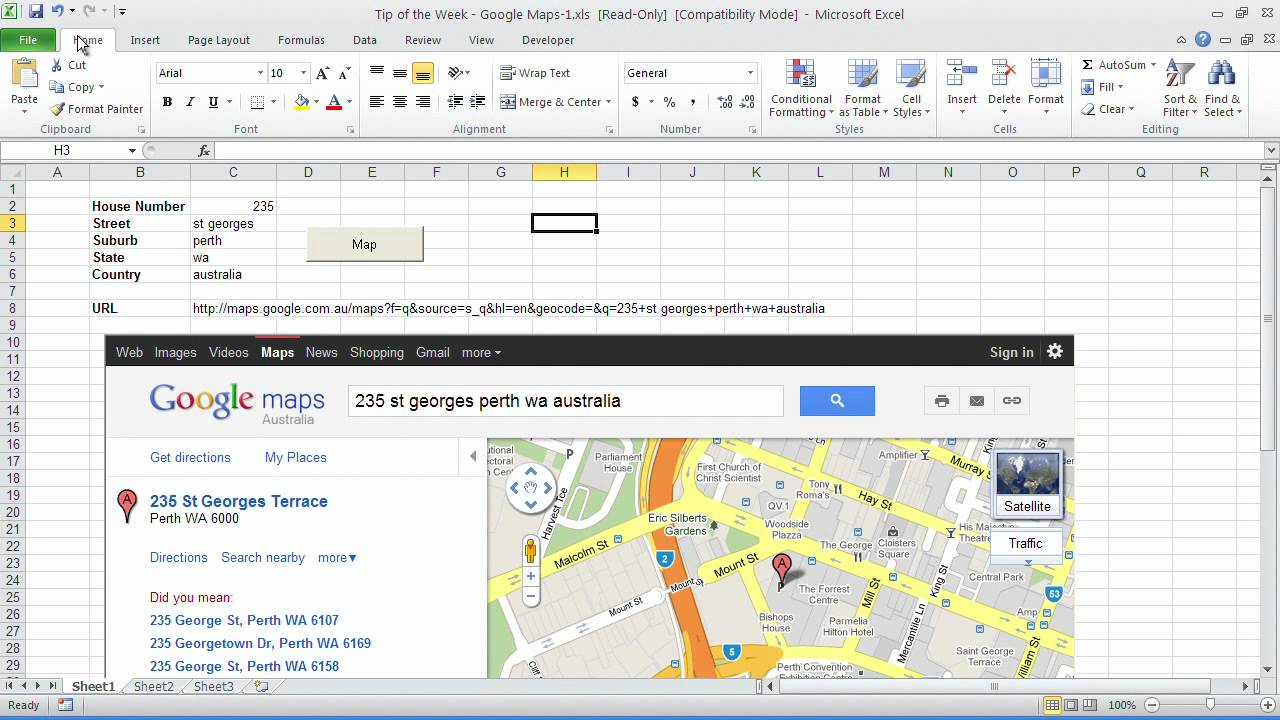 Excel Tips – Tip#57:  Integrating Google Maps into Excel