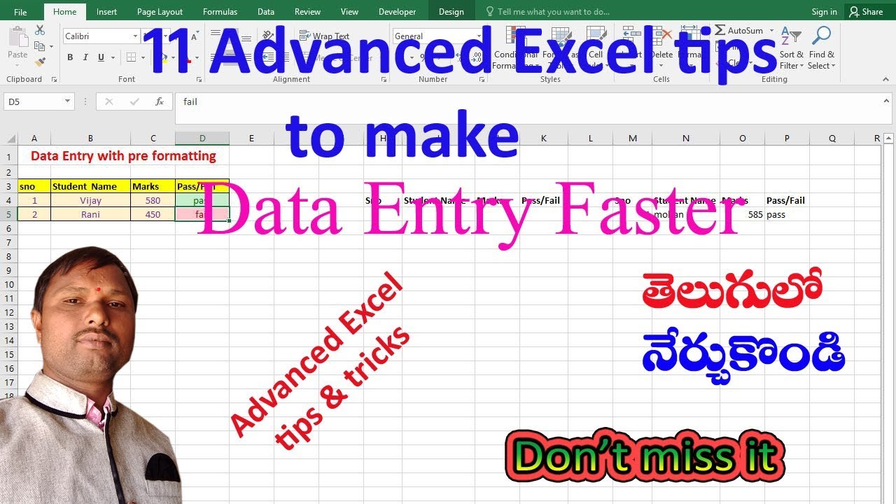 Advanced Excel tips & tricks to make data entry faster in telugu