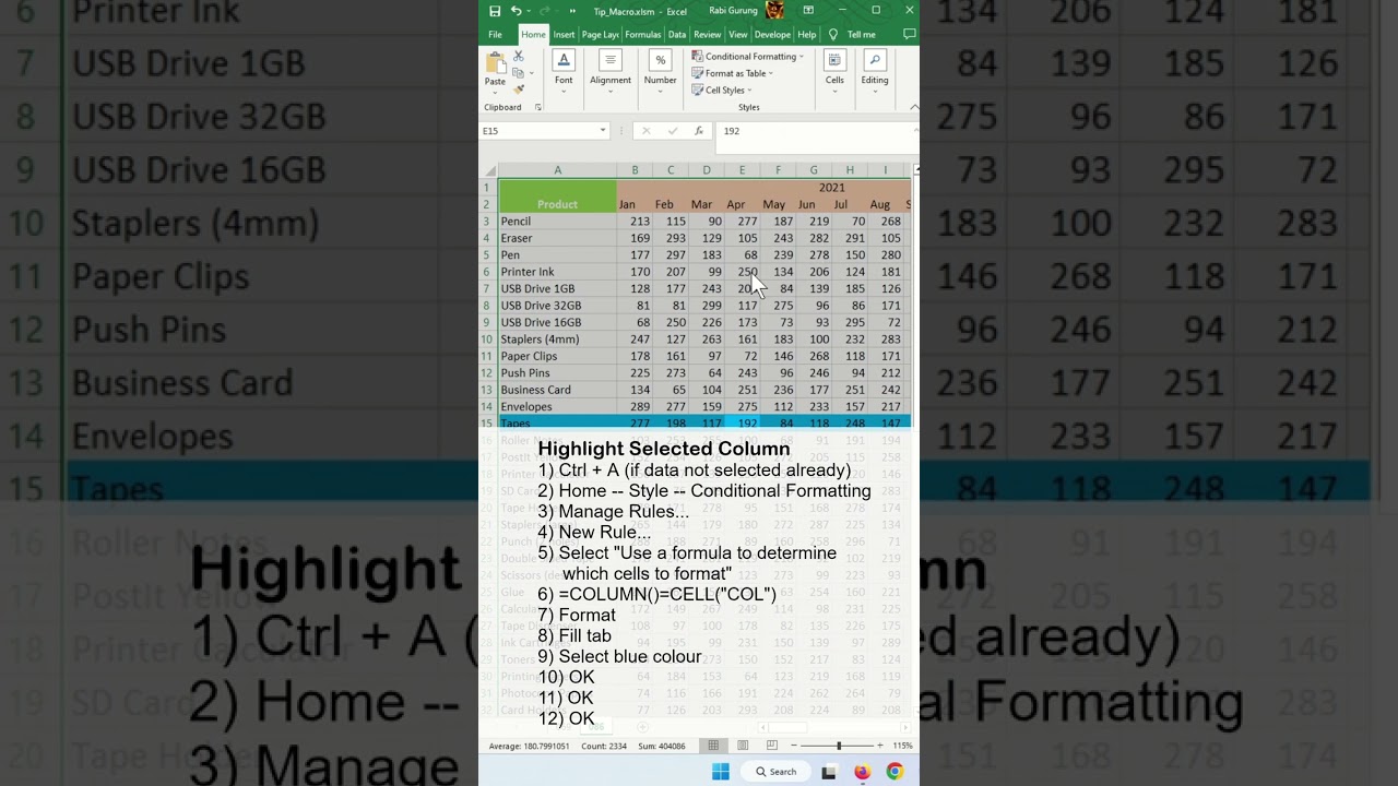 Crosshair Highlight In Excel – How To Highlight Row And Column Of Active Cell -Excel Tips and Tricks