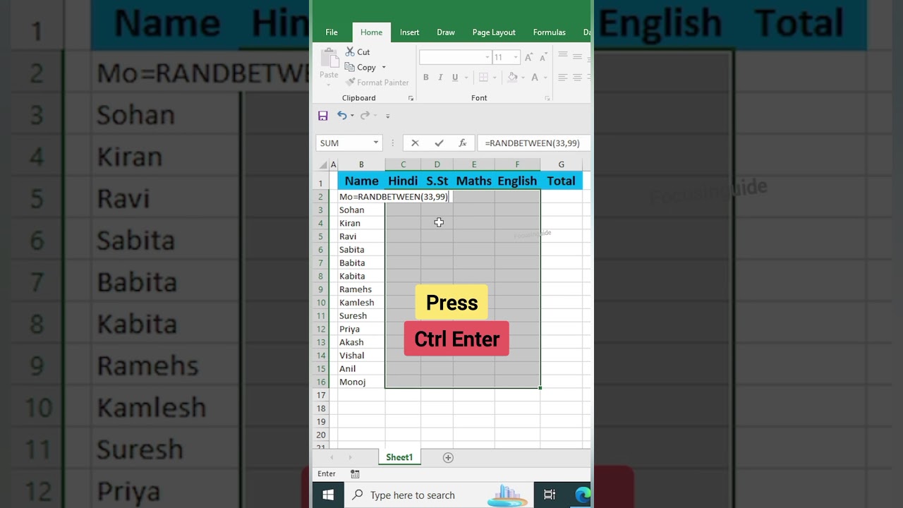 Excel tips and tricks Randbetween #focusinguide #exceltips #tutorial #shortvideo