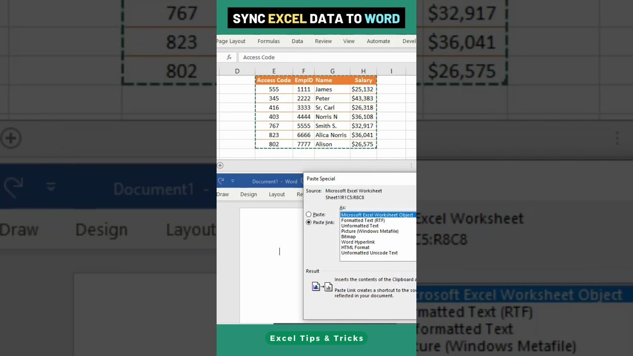 How to Sync Excel Data to Word file #excel #exceltips #msword #shorts #shortsfeed