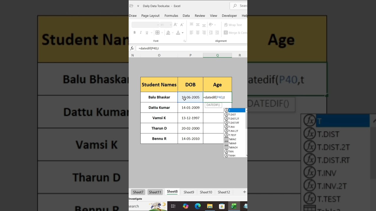 Excel Age Calculation #datedif #date #ytshorts #dataanalytics #excel #exceltips #yt #yotricks #ai