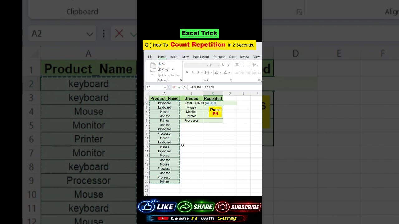 ???? Count Repeated Values in Excel in Seconds | UNIQUE + COUNTIF Formula #shorts